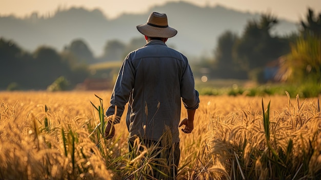 um fazendeiro trabalhando em um campo de arroz