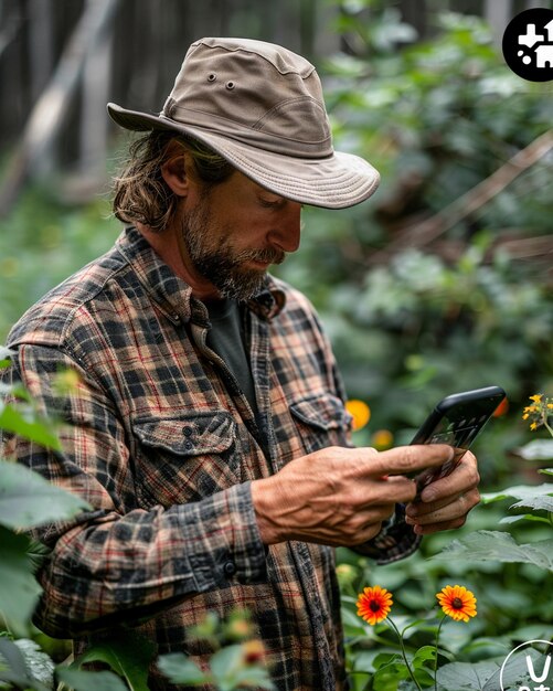 Um fazendeiro usando um aplicativo de smartphone remotamente para papel de parede