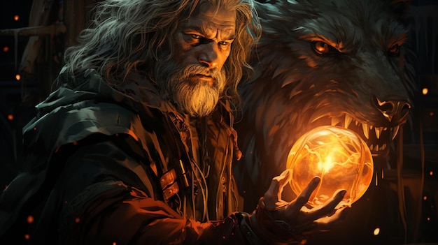 Foto um feiticeiro segurando uma lanterna brilhante está com um lobo mágico