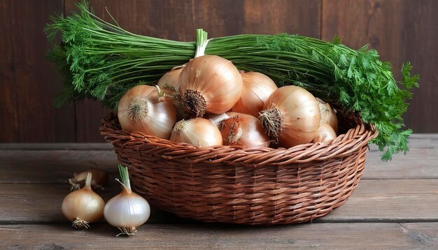 Um feixe de cebola seca livre com ervas de salsa e amendoim em uma cesta em uma mesa de madeira