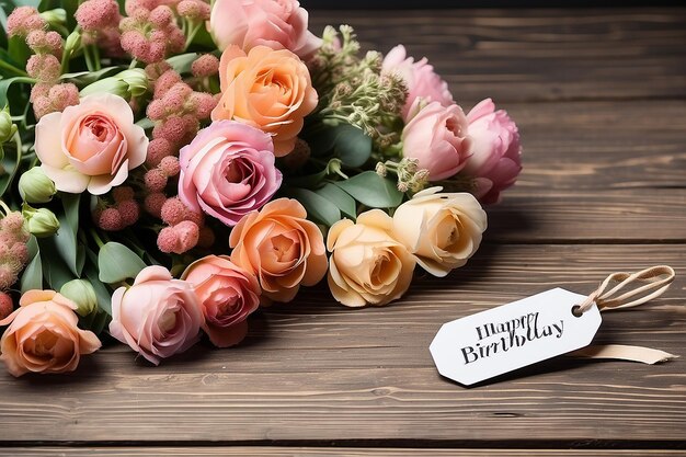 Um feixe de flores e uma etiqueta com texto em fundo de madeira Feliz aniversário