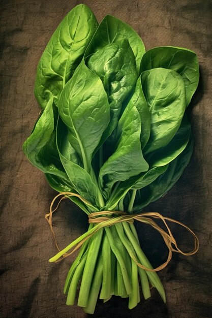 Foto um feixe de folhas de espinafre verde-escuras ilustrando sua aparência enrugada e textura folhosa