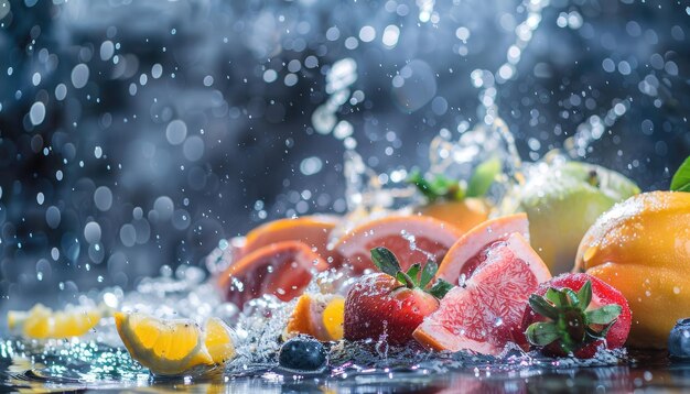 Foto um feixe de frutas está em uma piscina de água por uma imagem gerada por ai