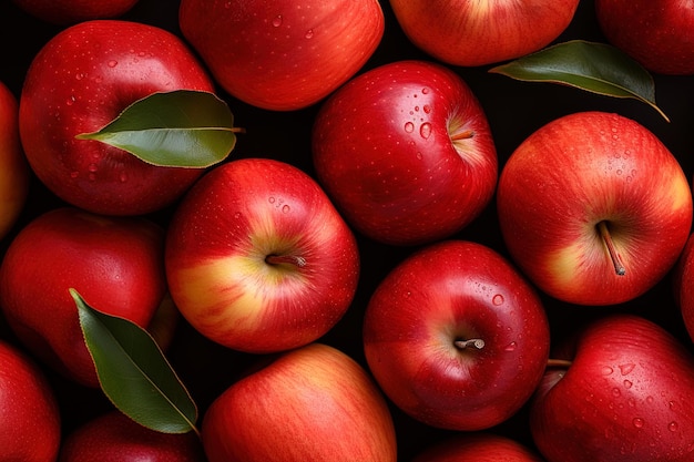 Um feixe de maçãs vermelhas maduras frescas e saborosas e folhas de fundo com textura de fruta