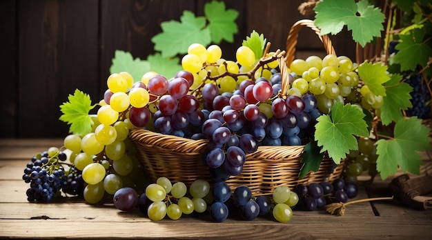 Um feixe de uvas com folhas verdes de videira em uma cesta em uma mesa de madeira