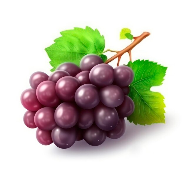 Um feixe de uvas maduras com folhas em um fundo branco