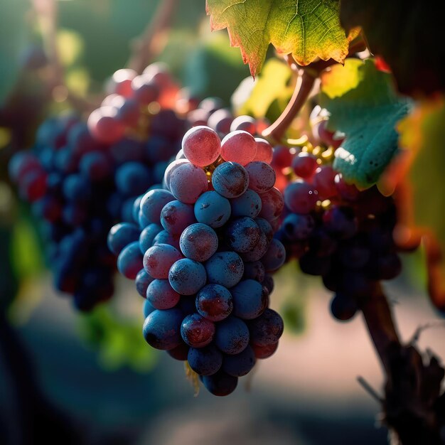 Um feixe de uvas pendurado em um galho de árvore em uma vinha ao pôr do sol