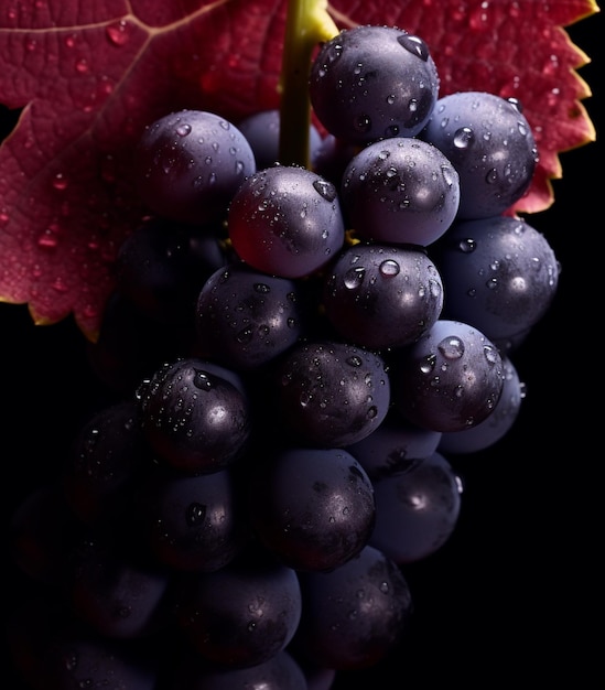 Um feixe de uvas pretas com gotas de água