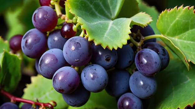 Um feixe de uvas roxas maduras em meio a folhas suculentas verdes