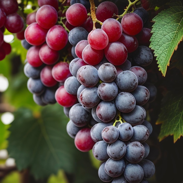 Um feixe de uvas vermelhas, roxas e brancas