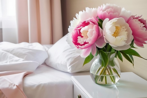 Foto um feixe fresco de peônias cor-de-rosa e brancas no vaso na mesa de cabeceira.