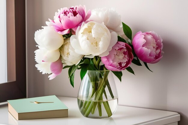 Foto um feixe fresco de peônias cor-de-rosa e brancas no vaso na mesa de cabeceira.