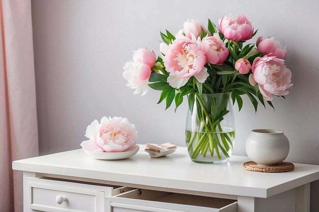 Um feixe fresco de peônias cor-de-rosa e brancas no vaso na mesa de cabeceira.