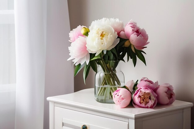 Um feixe fresco de peônias cor-de-rosa e brancas no vaso na mesa de cabeceira.