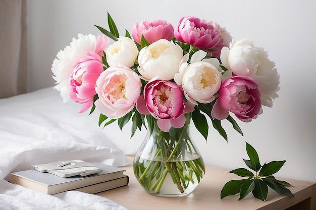 Um feixe fresco de peônias cor-de-rosa e brancas no vaso na mesa de cabeceira.