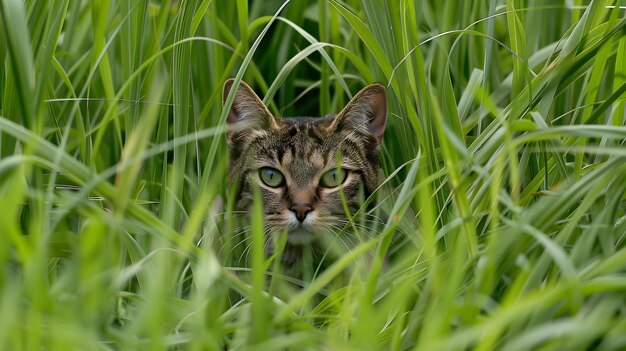 Foto um felino brincalhão camuflado em um campo de grama exuberante uma caçadora oculta em paz