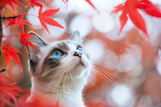 Um felino cinza e branco com olhos azuis olhou para as folhas de bordo carmesim