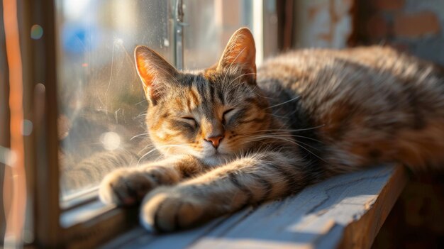 Um felino elegante deitado preguiçosamente num peitoral iluminado pelo sol, com os olhos meio fechados de satisfação.