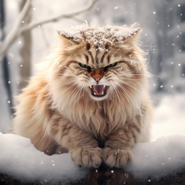 Foto um felino irritado contra um fundo nevado capturando o descontentamento de um gato no país das maravilhas do inverno