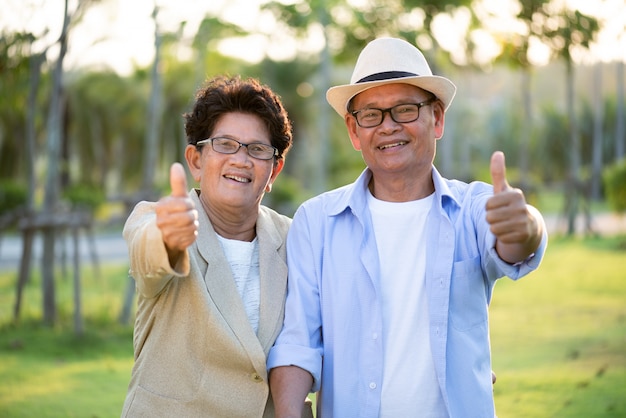 Um feliz casal sênior asiático velho e mulher com polegares para cima sorrindo