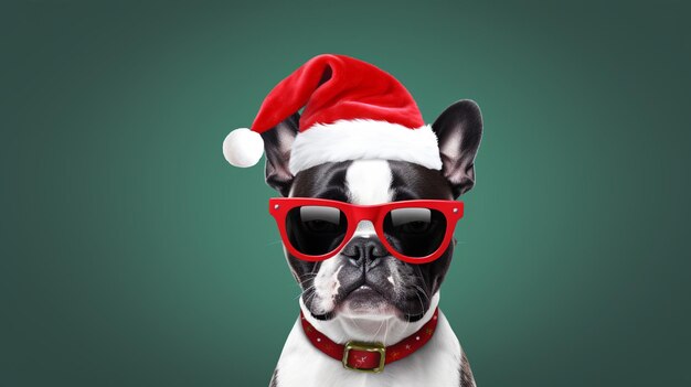 Um feliz e alegre cão Boston Terrier com chapéu de Papai Noel e óculos de sol