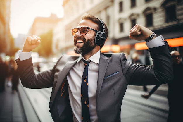 Um feliz empresário caucasiano de meia idade em um terno e fones de ouvido está dançando na rua Um negócio de sucesso e o caminho para casa para sua música favorita Sucesso