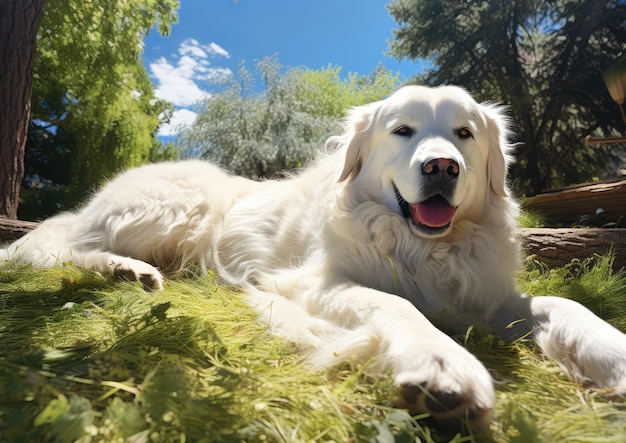 Um feliz Grande Pirinéu descansando à sombra em uma tarde quente de verão