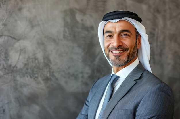 Um feliz homem de negócios árabe de meia-idade está olhando para o espaço de cópia o sorridente confiante
