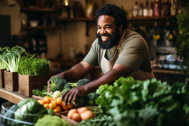 Um feliz vendedor africano de avental seleciona os melhores vegetais, ervas e frutas para o cliente.