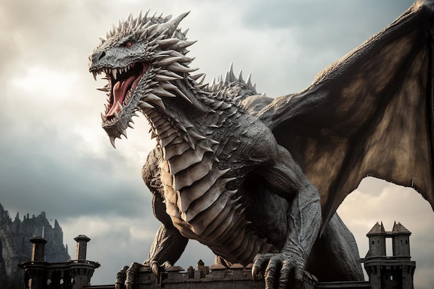 Um feroz dragão Targaryen empoleirado no topo de uma torre medieval em ruínas