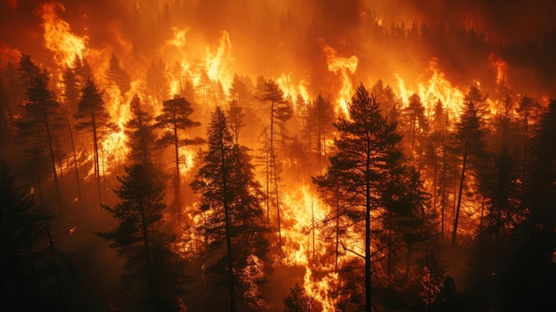 Um feroz incêndio atravessa uma densa floresta engolindo árvores em chamas laranjas brilhantes