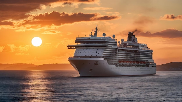 Um ferry de cruzeiro a navegar no pôr-do-sol brilhante