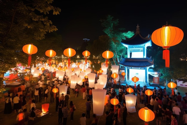 Um festival cultural noturno com música de lanternas e dança criada com IA generativa