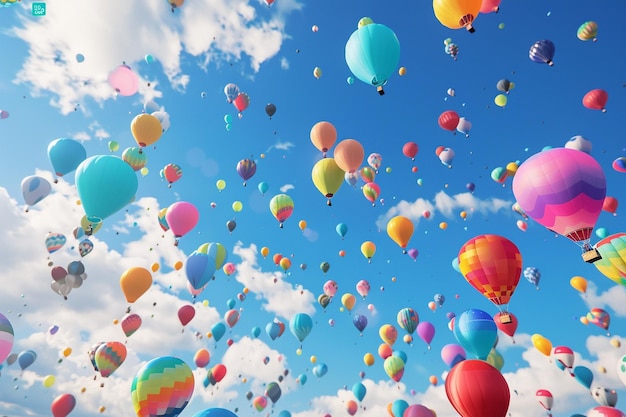 Um festival de balões coloridos contra um céu azul