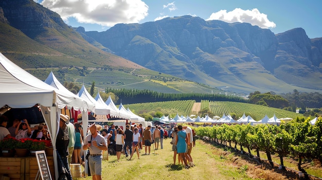 Um festival de vinho ao ar livre está ocorrendo em um belo vale. Há grandes tendas brancas montadas para que as pessoas provem vinho.