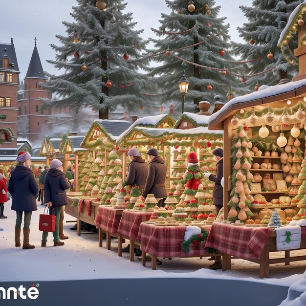 Um festivo mercado de Natal com barracas que vendem ornamentos
