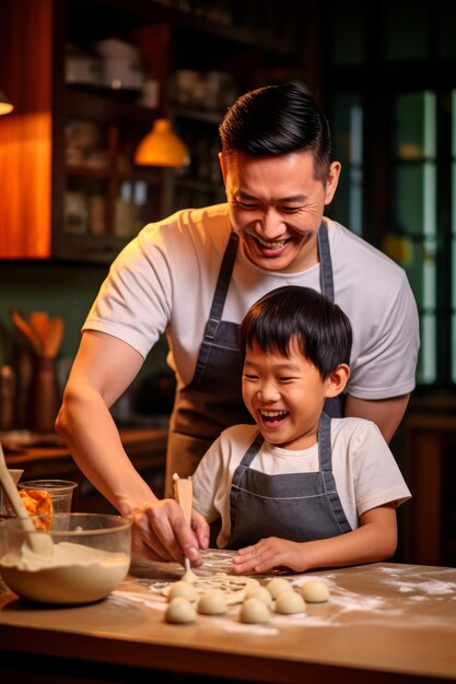 um filho e um pai cozinhando juntos IA generativa