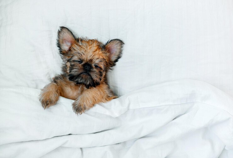 Foto um filhote de cachorro griffon de bruxelas recém-nascido dormindo de cor vermelha está sob um cobertor branco com olhos fechados foto de alta qualidade