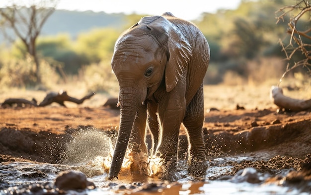 um filhote de elefante brincando com água numa poça de lama refrescante