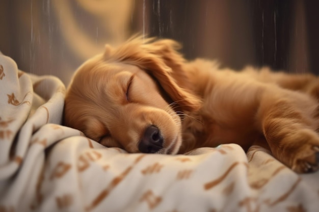 Um filhote de golden retriever dorme em uma cama com as palavras 'dog sleep' on it