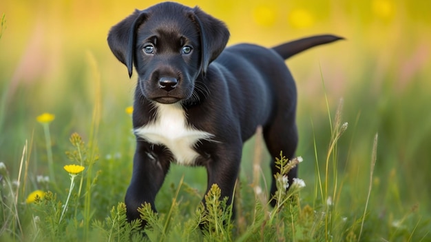 Um filhote de labrador preto fica em um campo de grama.