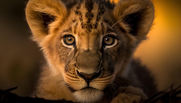 Um filhote de leão na selva olhando para a câmera