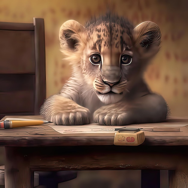 Um filhote de leão senta-se em um notebook Animais selvagens e exóticos patas de gato grande bonitos móveis de madeira cores quentes arte generativa inteligência artificial