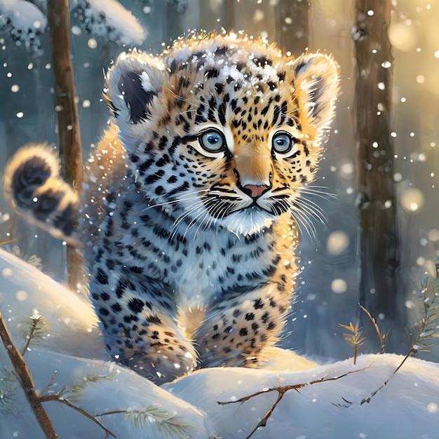 um filhote de leopardo está sentado na neve com um galho de árvore ao fundo