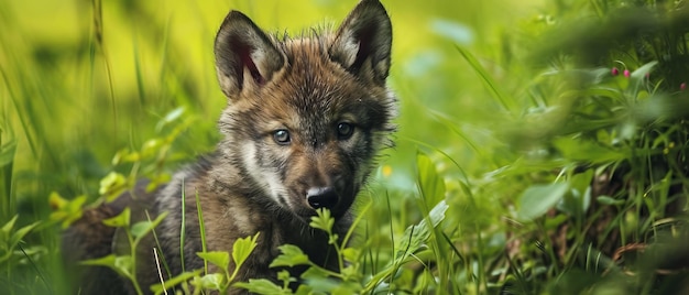 Um filhote de lobo curioso escondido na grama