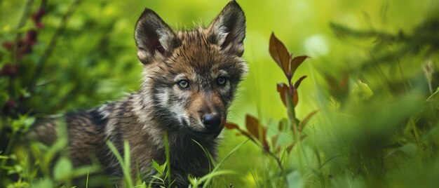 Um filhote de lobo curioso escondido na grama