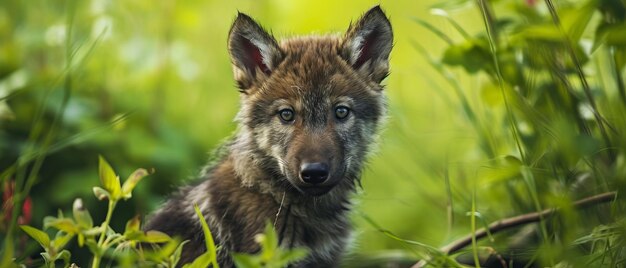 Um filhote de lobo curioso escondido na grama