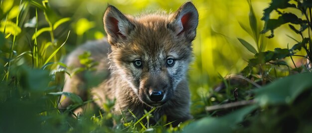 Um filhote de lobo curioso escondido na grama