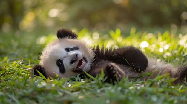 Um filhote de panda cai e rola na inocência lúdica da juventude.