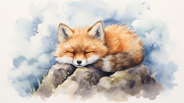 Um filhote de raposa dorme em uma nuvem aquarela